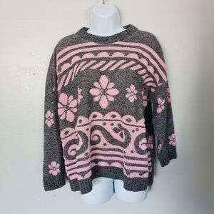 Custom Design Sweater Grey Pink Floral Swirls Vtg